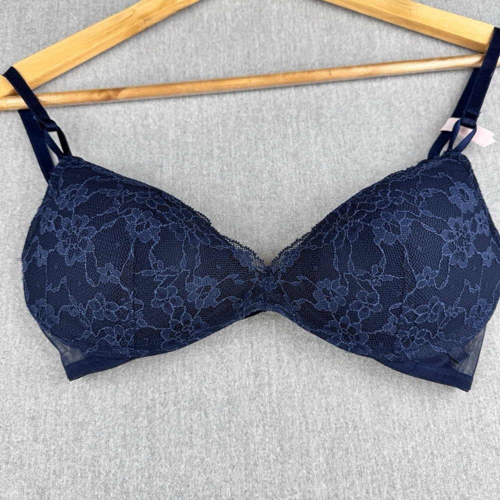 Victoria's Secret‎ Bra 34A Navy Blue Lace Wireless Padded Mesh Bralette